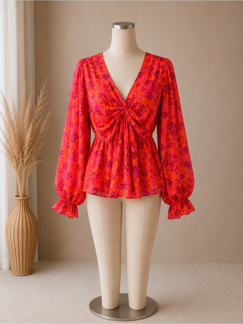 Vici Red and Pink Floral Twist-Front Blouse